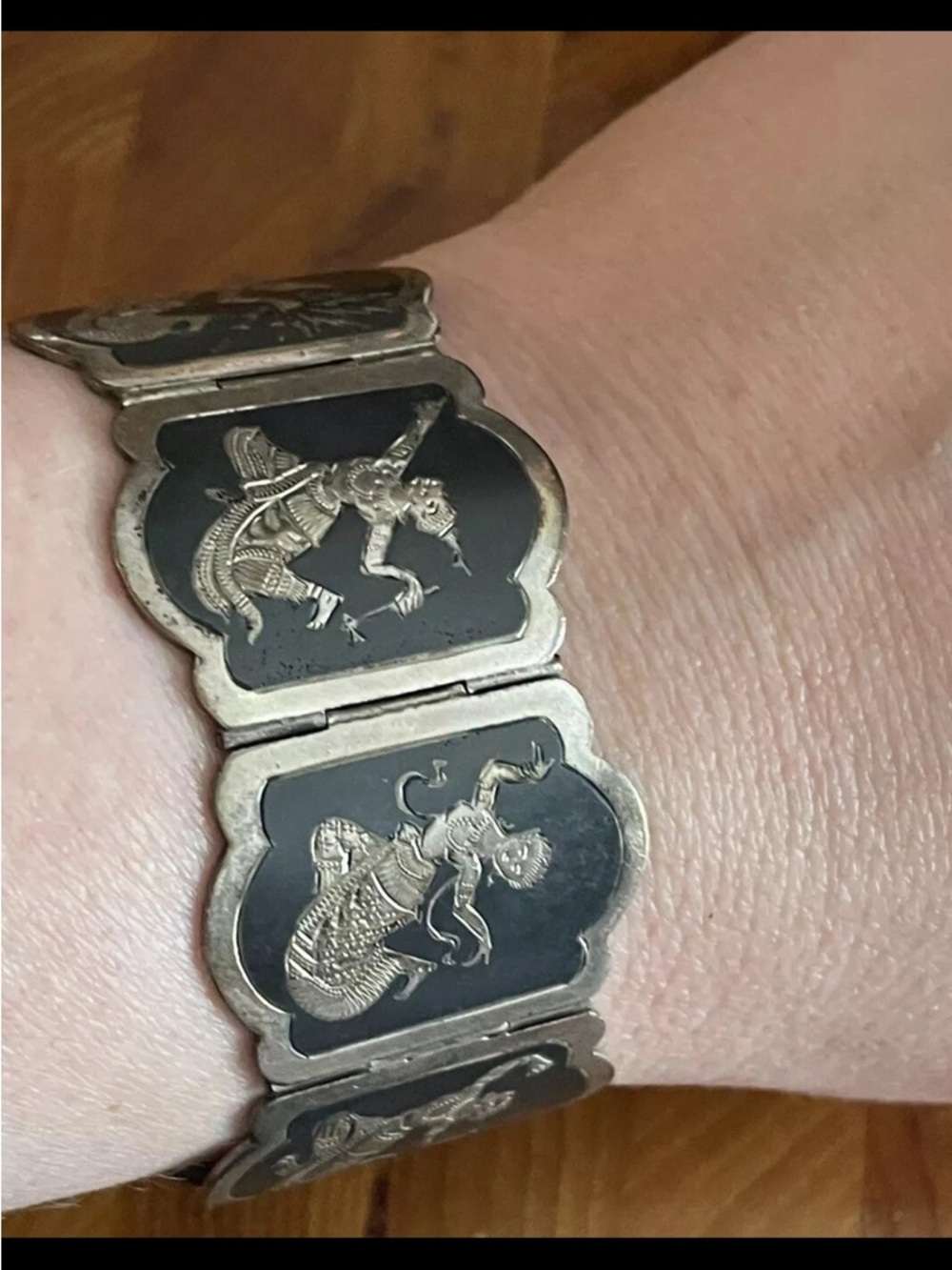 Vintage/Antique Siam Sterling Silver Panel Bracelet. Niello Dancer. 50 grams